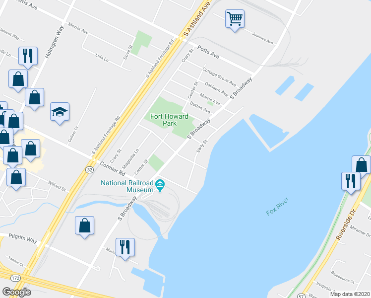 map of restaurants, bars, coffee shops, grocery stores, and more near 2203 South Broadway in Ashwaubenon
