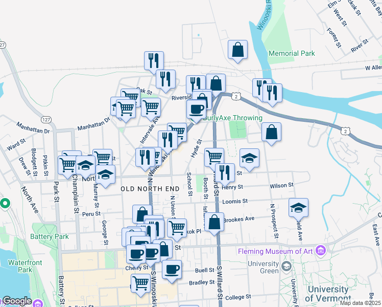 map of restaurants, bars, coffee shops, grocery stores, and more near 47 Hyde Street in Burlington