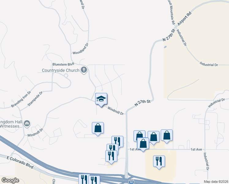 map of restaurants, bars, coffee shops, grocery stores, and more near 2519 Windmill Dr in Spearfish