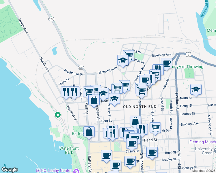 map of restaurants, bars, coffee shops, grocery stores, and more near 122 North Street in Burlington