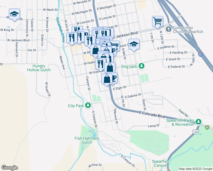 map of restaurants, bars, coffee shops, grocery stores, and more near 329 North Main Street in Spearfish