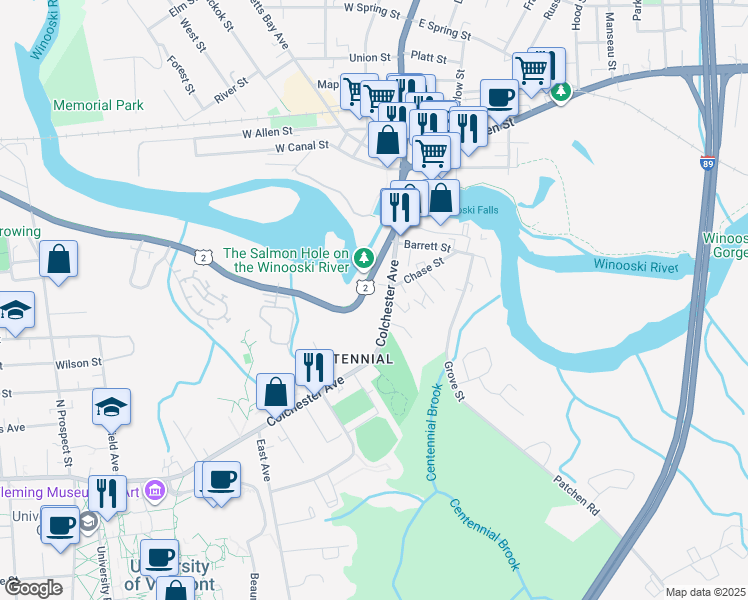 map of restaurants, bars, coffee shops, grocery stores, and more near 114 Riverside Avenue in Burlington
