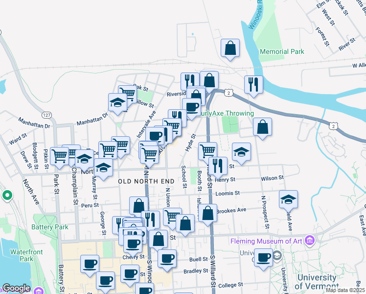 map of restaurants, bars, coffee shops, grocery stores, and more near 36 Hyde Street in Burlington