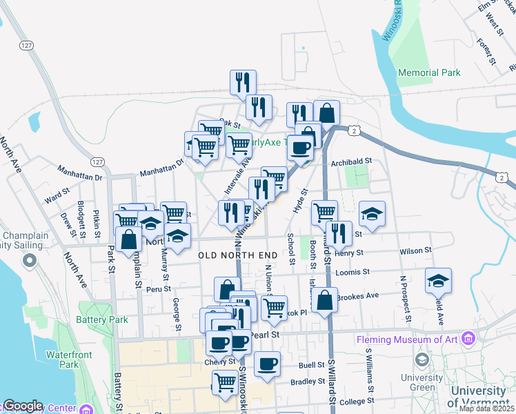 map of restaurants, bars, coffee shops, grocery stores, and more near 186 North Winooski Avenue in Burlington