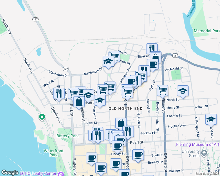 map of restaurants, bars, coffee shops, grocery stores, and more near 176 Elmwood Avenue in Burlington