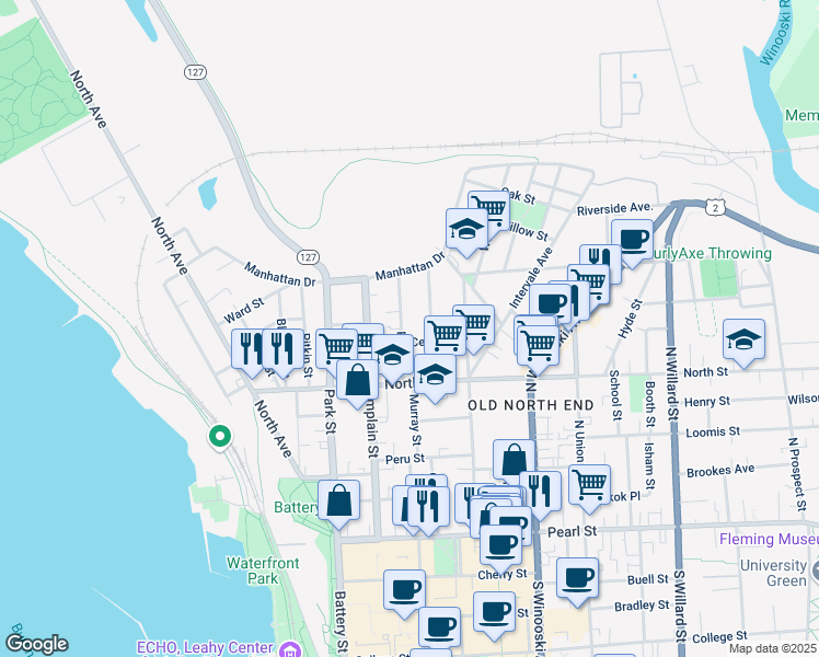 map of restaurants, bars, coffee shops, grocery stores, and more near 122 North Street in Burlington
