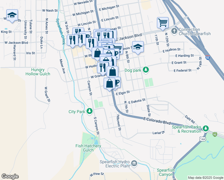 map of restaurants, bars, coffee shops, grocery stores, and more near 345 North Main Street in Spearfish
