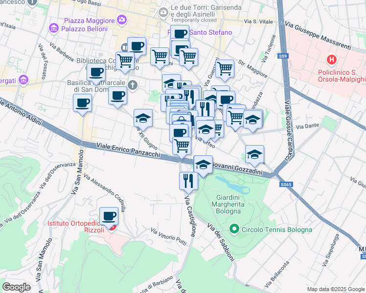 map of restaurants, bars, coffee shops, grocery stores, and more near 18 Via degli Angeli in Bologna
