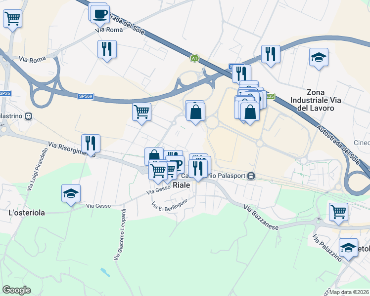 map of restaurants, bars, coffee shops, grocery stores, and more near 3 Vicolo degli Artigliani in Zola Predosa