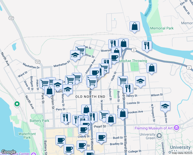 map of restaurants, bars, coffee shops, grocery stores, and more near 30 Decatur Street in Burlington
