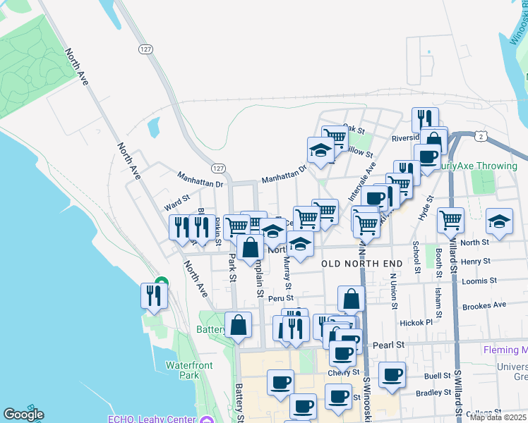 map of restaurants, bars, coffee shops, grocery stores, and more near 227 North Champlain Street in Burlington