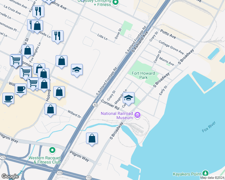 map of restaurants, bars, coffee shops, grocery stores, and more near 2246 Crary Street in Green Bay
