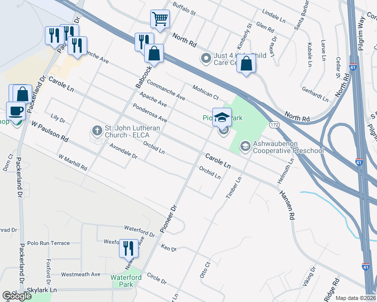 map of restaurants, bars, coffee shops, grocery stores, and more near 1411 Ponderosa Avenue in Green Bay