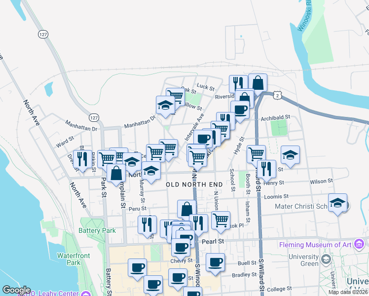 map of restaurants, bars, coffee shops, grocery stores, and more near 68 Intervale Avenue in Burlington