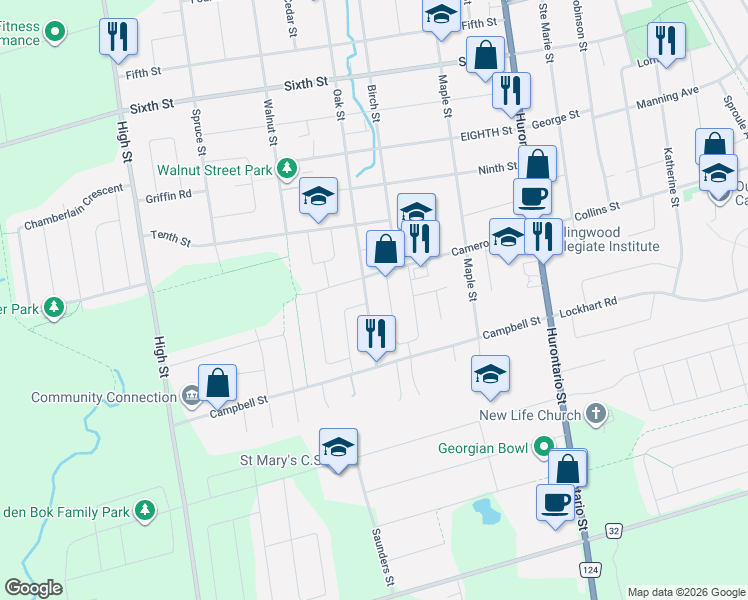 map of restaurants, bars, coffee shops, grocery stores, and more near 641 Oak Street in Collingwood