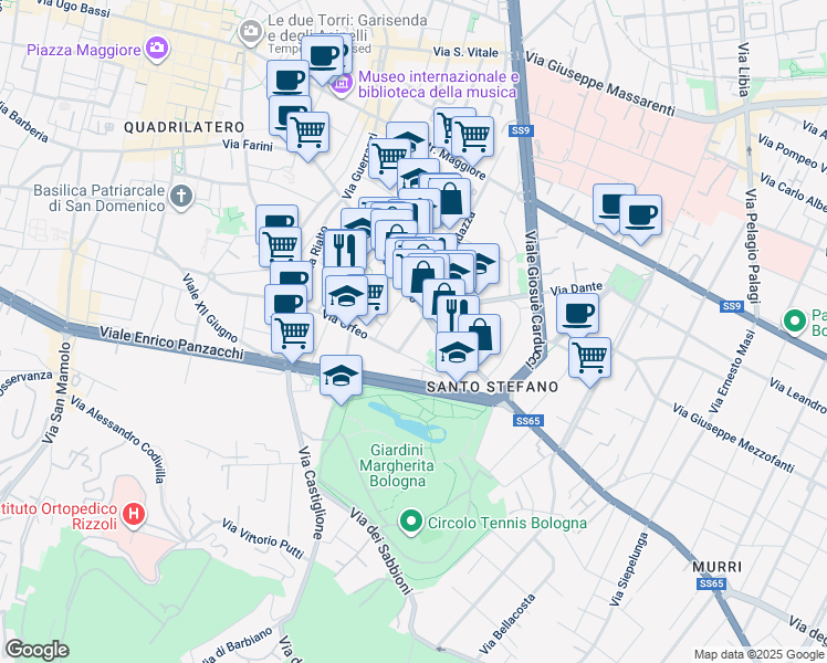 map of restaurants, bars, coffee shops, grocery stores, and more near 1-9 Via Dante Alighieri in Bologna