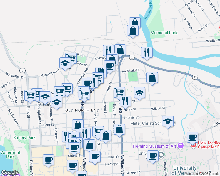 map of restaurants, bars, coffee shops, grocery stores, and more near 79 Hyde Street in Burlington