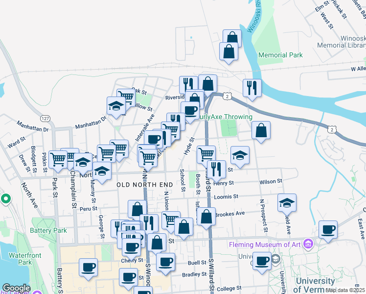 map of restaurants, bars, coffee shops, grocery stores, and more near 79 Hyde Street in Burlington