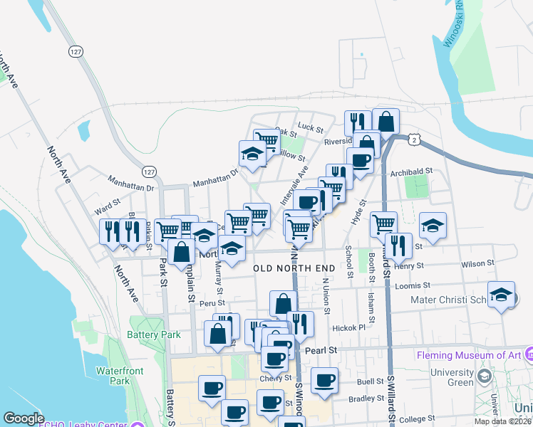 map of restaurants, bars, coffee shops, grocery stores, and more near 31 Spring Street in Burlington