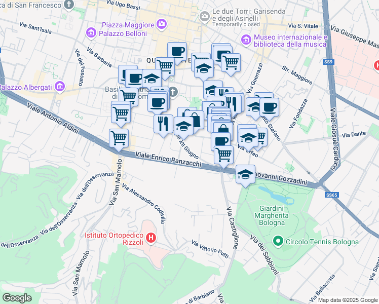 map of restaurants, bars, coffee shops, grocery stores, and more near 3 Via Chiudare in Bologna