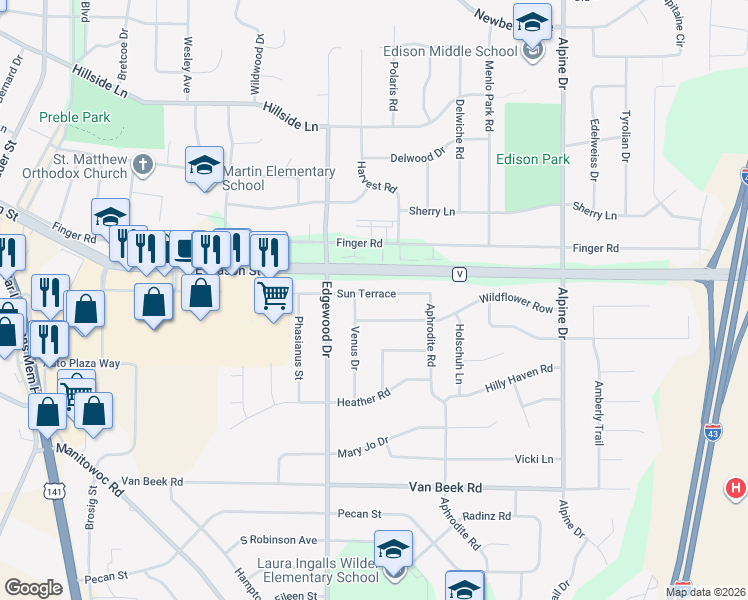 map of restaurants, bars, coffee shops, grocery stores, and more near 2551 Sun Terrace in Green Bay