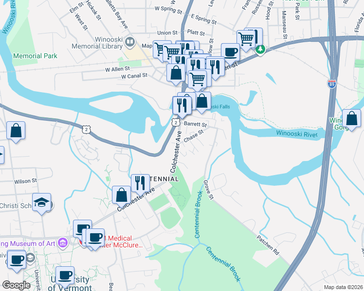 map of restaurants, bars, coffee shops, grocery stores, and more near 445 Colchester Avenue in Burlington