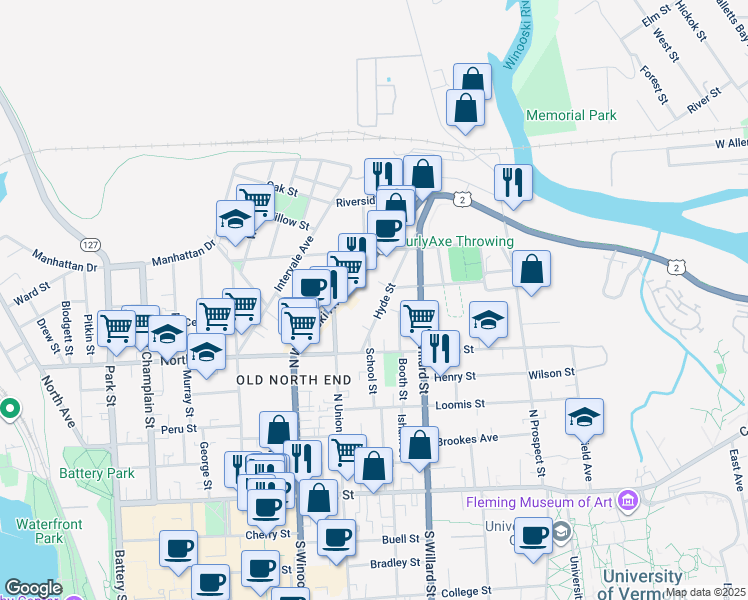 map of restaurants, bars, coffee shops, grocery stores, and more near 79 Hyde Street in Burlington