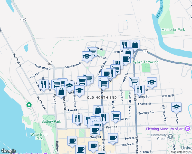 map of restaurants, bars, coffee shops, grocery stores, and more near 93 Intervale Avenue in Burlington