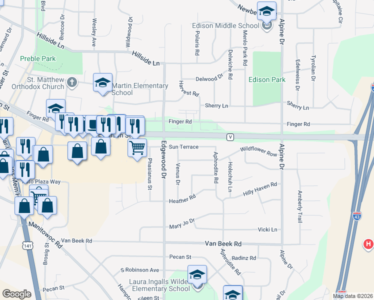 map of restaurants, bars, coffee shops, grocery stores, and more near 2551 Sun Terrace in Green Bay