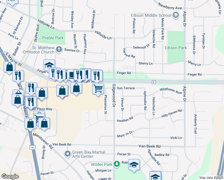 map of restaurants, bars, coffee shops, grocery stores, and more near 742 Edgewood Drive in Green Bay