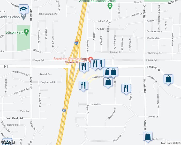 map of restaurants, bars, coffee shops, grocery stores, and more near 2911 Voyager Drive in Green Bay