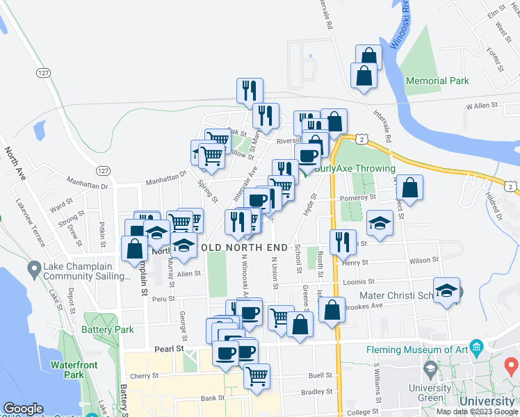 map of restaurants, bars, coffee shops, grocery stores, and more near 41 Decatur Street in Burlington