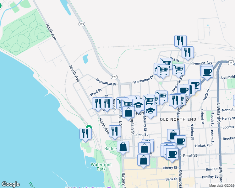 map of restaurants, bars, coffee shops, grocery stores, and more near 211 Park Street in Burlington
