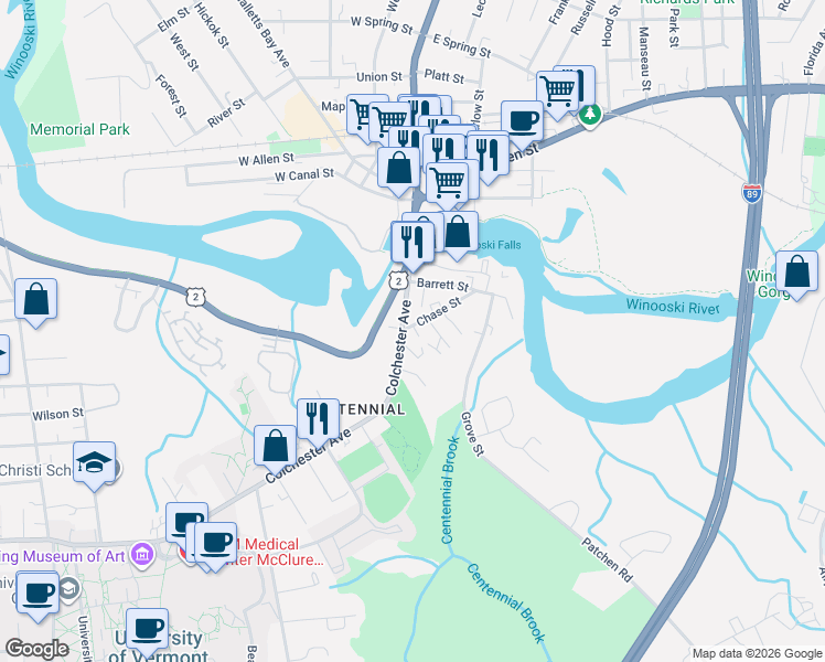 map of restaurants, bars, coffee shops, grocery stores, and more near 445 Colchester Avenue in Burlington