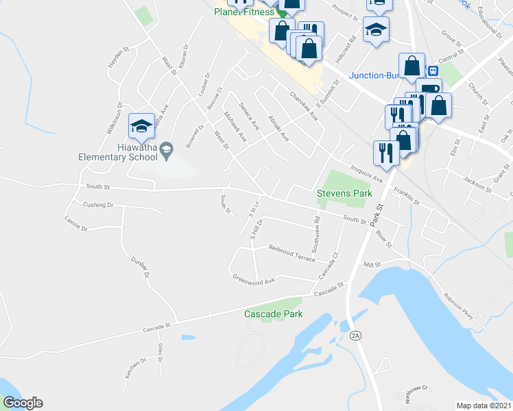 map of restaurants, bars, coffee shops, grocery stores, and more near 49 South Street Lane in Essex