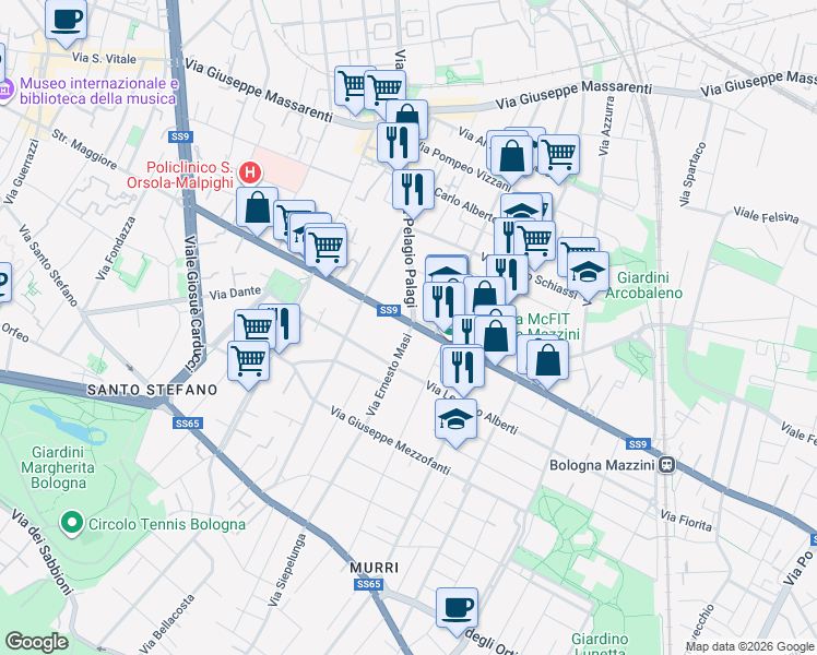 map of restaurants, bars, coffee shops, grocery stores, and more near 83 Via Mazzini in Bologna