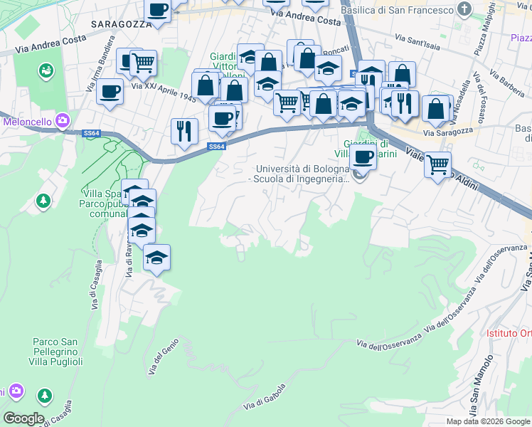 map of restaurants, bars, coffee shops, grocery stores, and more near 9 Via Valle di Preda in Bologna