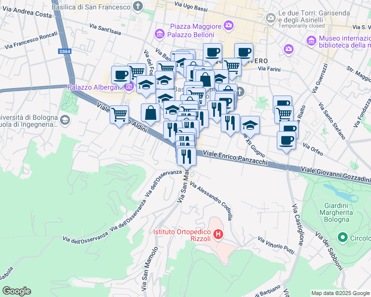 map of restaurants, bars, coffee shops, grocery stores, and more near 19 Via Paglietta in Bologna