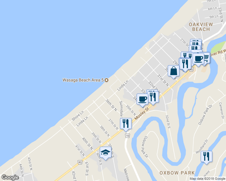 map of restaurants, bars, coffee shops, grocery stores, and more near 23 Sunnidale Road North in Wasaga Beach