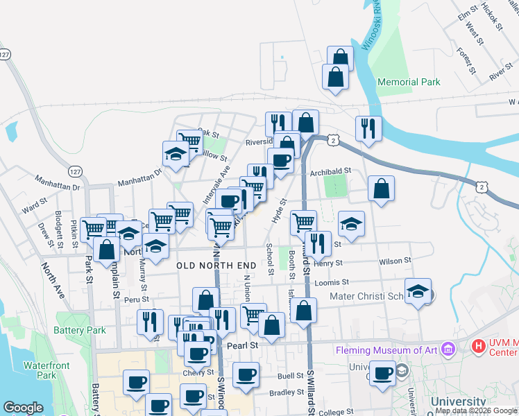map of restaurants, bars, coffee shops, grocery stores, and more near 241 North Winooski Avenue in Burlington