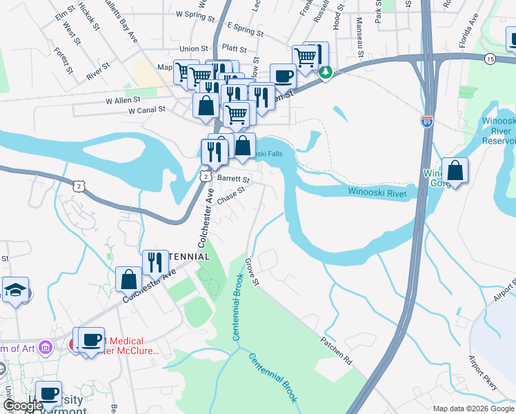 map of restaurants, bars, coffee shops, grocery stores, and more near 26 Grove Street in Burlington