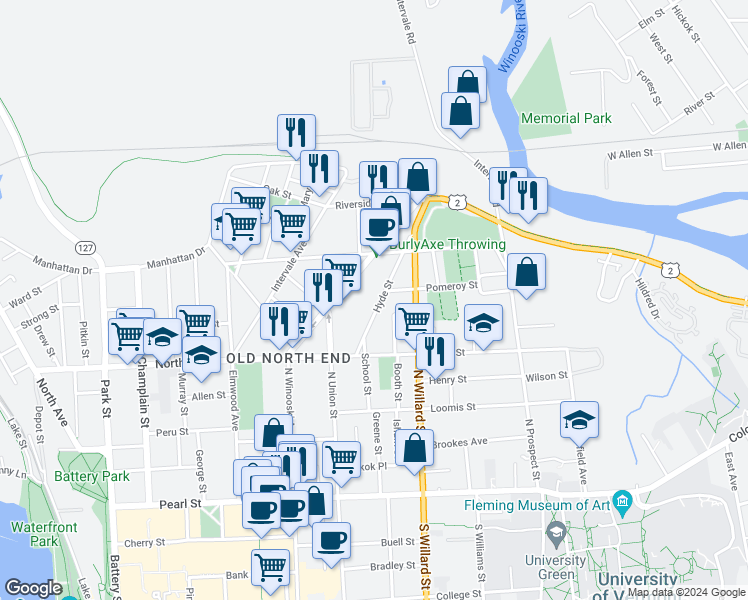 map of restaurants, bars, coffee shops, grocery stores, and more near 79 Hyde Street in Burlington