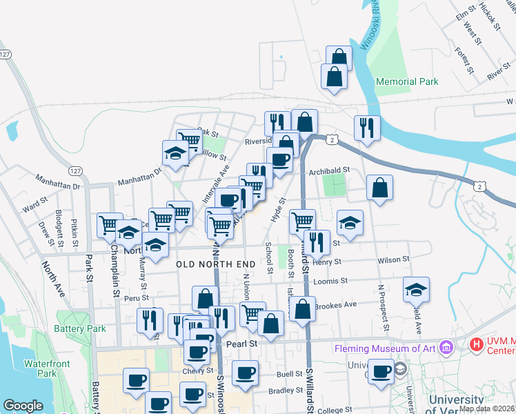 map of restaurants, bars, coffee shops, grocery stores, and more near 241 North Winooski Avenue in Burlington