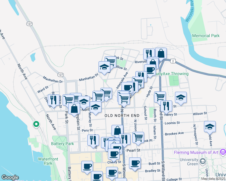 map of restaurants, bars, coffee shops, grocery stores, and more near 93 Intervale Avenue in Burlington