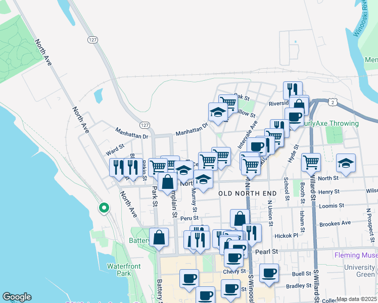 map of restaurants, bars, coffee shops, grocery stores, and more near 78 Rose Street in Burlington