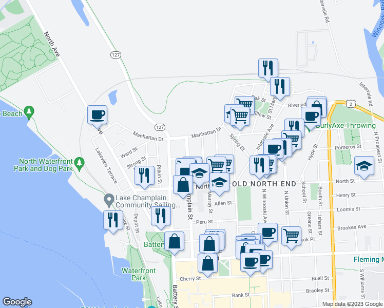 map of restaurants, bars, coffee shops, grocery stores, and more near 227 North Champlain Street in Burlington