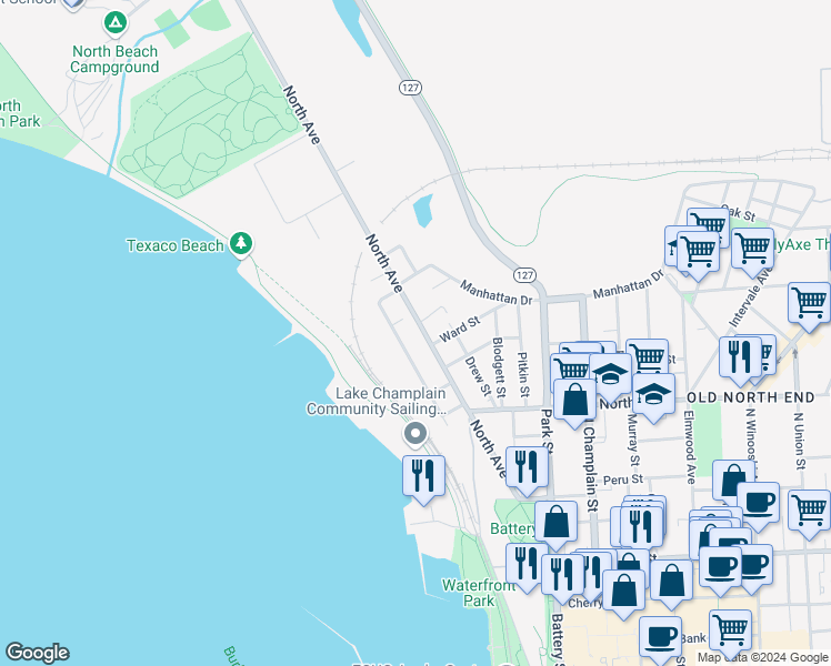 map of restaurants, bars, coffee shops, grocery stores, and more near 198 North Avenue in Burlington