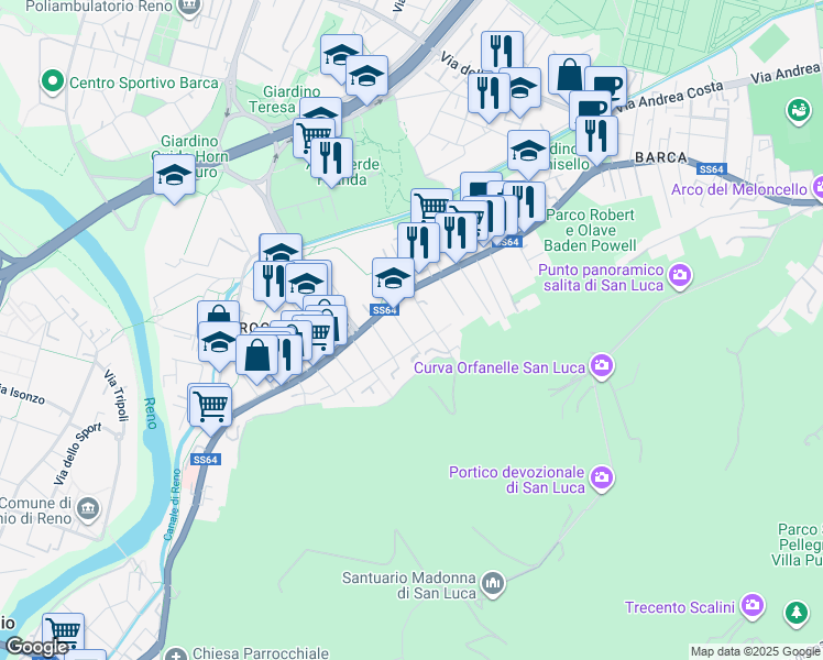 map of restaurants, bars, coffee shops, grocery stores, and more near 6 Via Anna Frank in Casalecchio di Reno