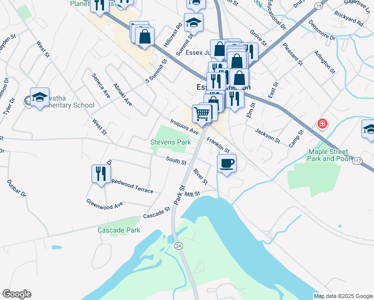map of restaurants, bars, coffee shops, grocery stores, and more near 61 Park Street in Essex Junction