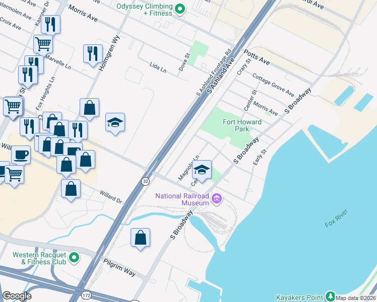 map of restaurants, bars, coffee shops, grocery stores, and more near 2215 Crary Street in Green Bay